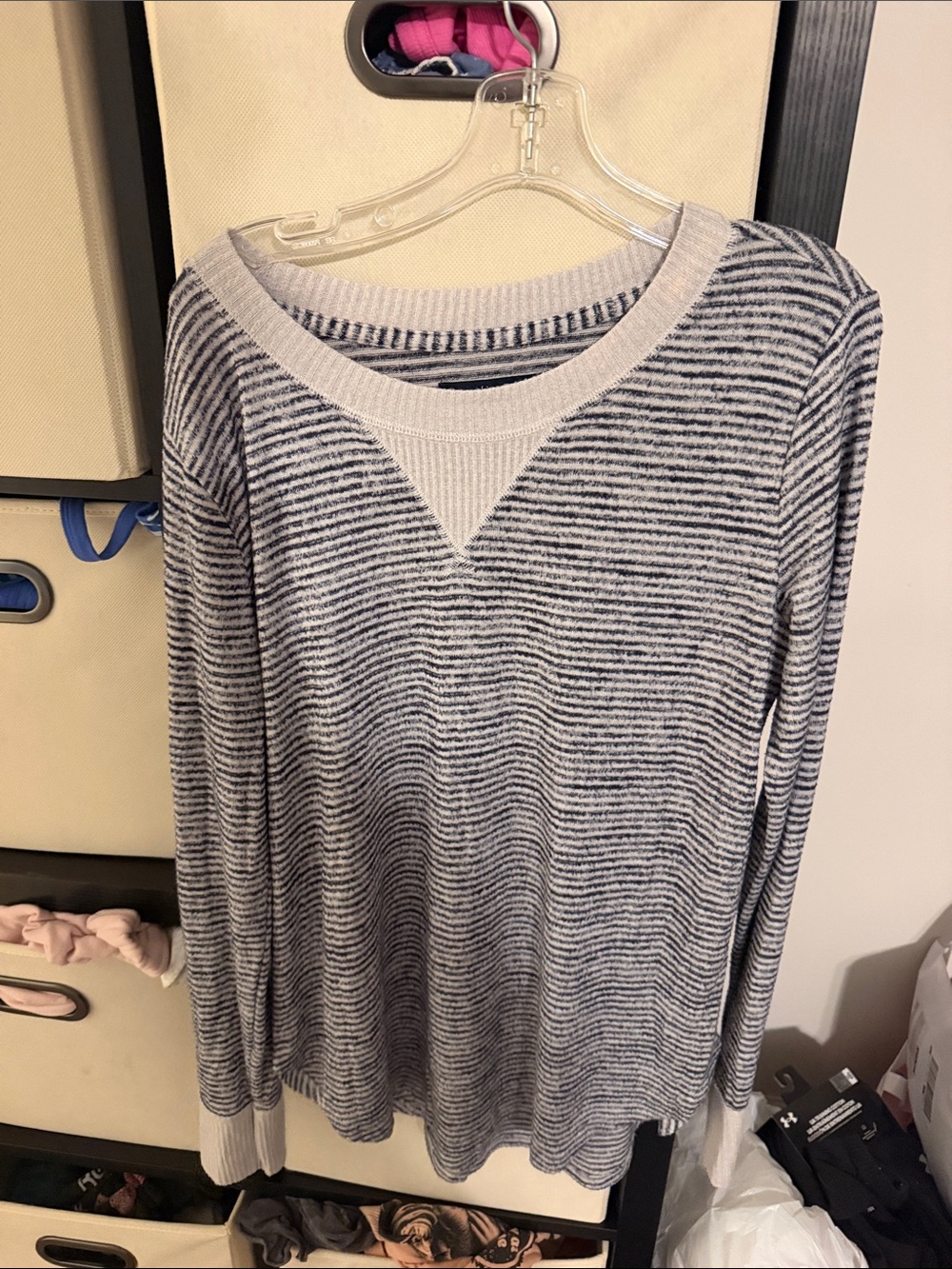 Abercrombie and fitchWomen's Navy and White Striped Lightweight Crewneck Sweater